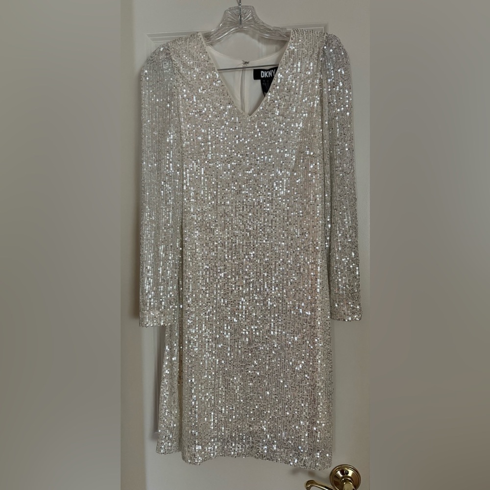 DKNY Sequin Champagne Long Sleeve Party Dress - NWT